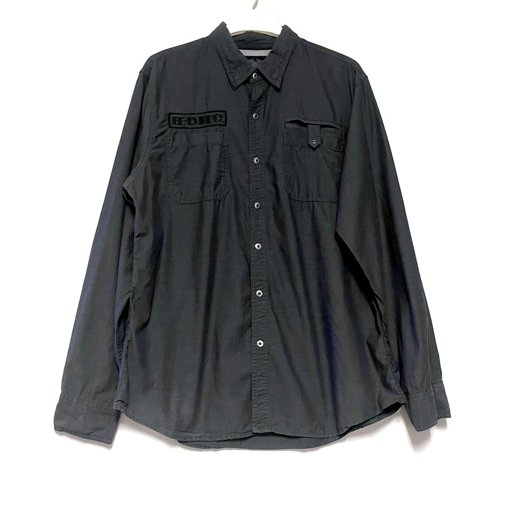 Harley Davidson Shirt Mens XL Snap Button Down HD Patches Black Grunge Outdoor
